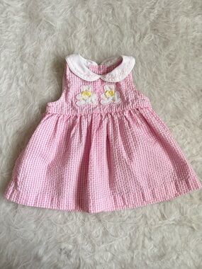 Vintage Samara Pink Gingham Sleeveless Baby Dress with Embroidered Teddy Bears